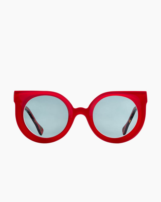 red plastic round sunglassesby Xavier Derome model PROVIDENCE, front view, lunettes de vue rond couleur rouge