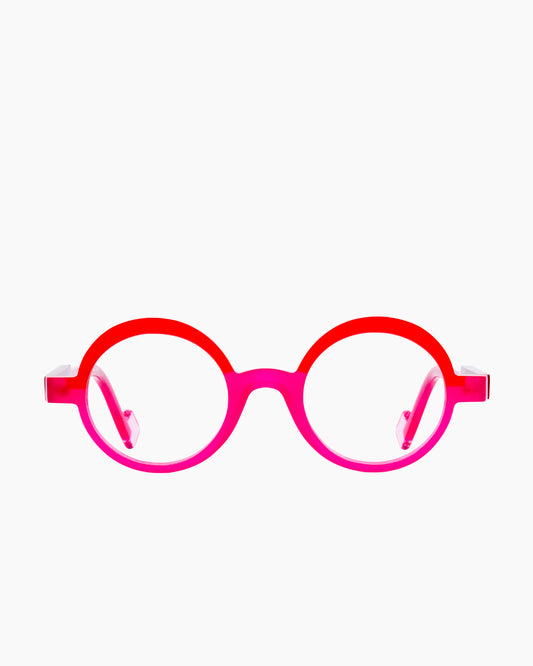 pink plastic round eyeglasses by Anne et Valentin model LUDIK, front view, lunettes de vue rond couleur Rose