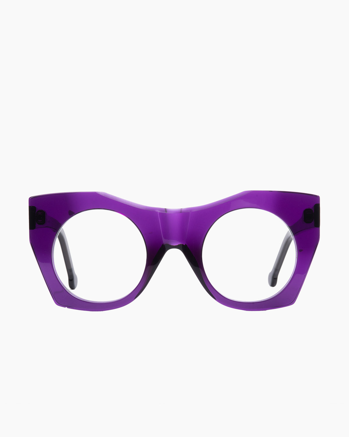 purple plastic round eyeglasses by Marie-Sophie Dion model McKee, front view, lunettes de vue rond couleur violet