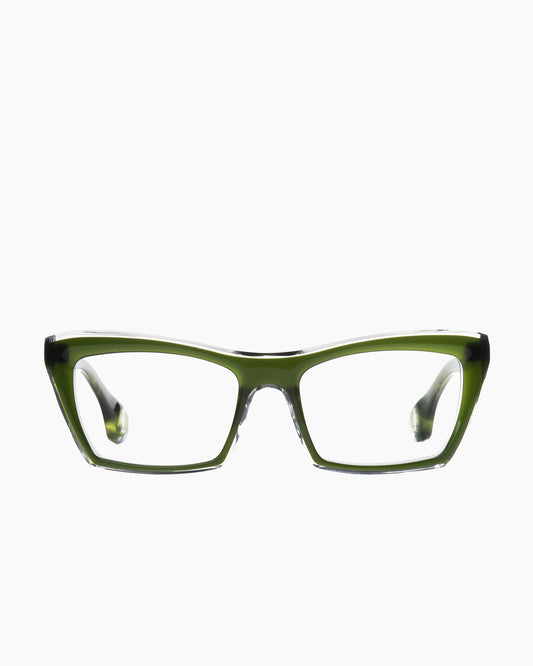 green plastic butterfly eyeglasses by Blake Kuwahara model mathson, front view, lunettes de vue papillon couleur vert
