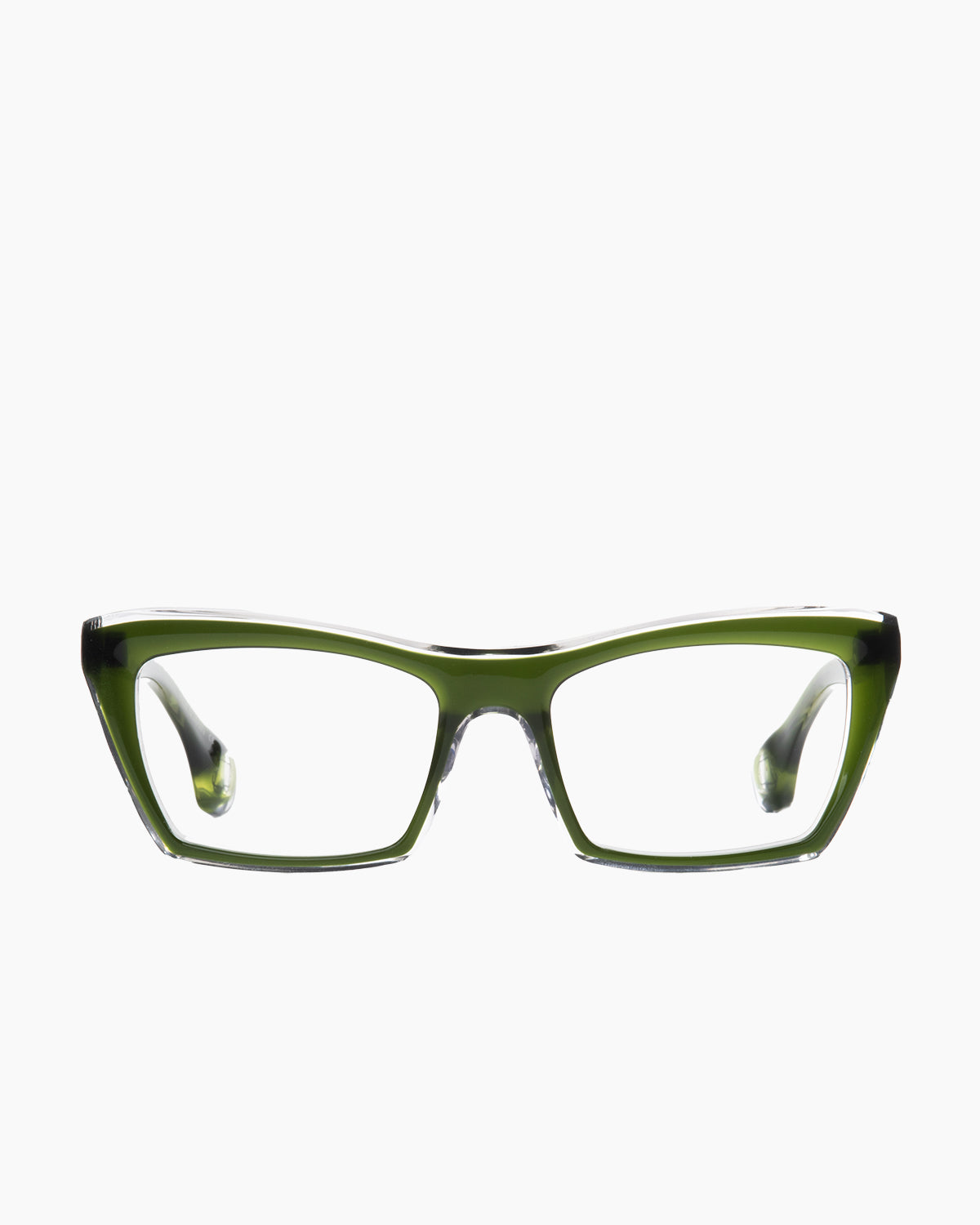 green plastic butterfly eyeglasses by Blake Kuwahara model mathson, front view, lunettes de vue papillon couleur vert