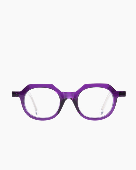 purple plastic round eyeglasses by Marie-Sophie Dion model Larouche, front view, lunettes de vue rond couleur violet