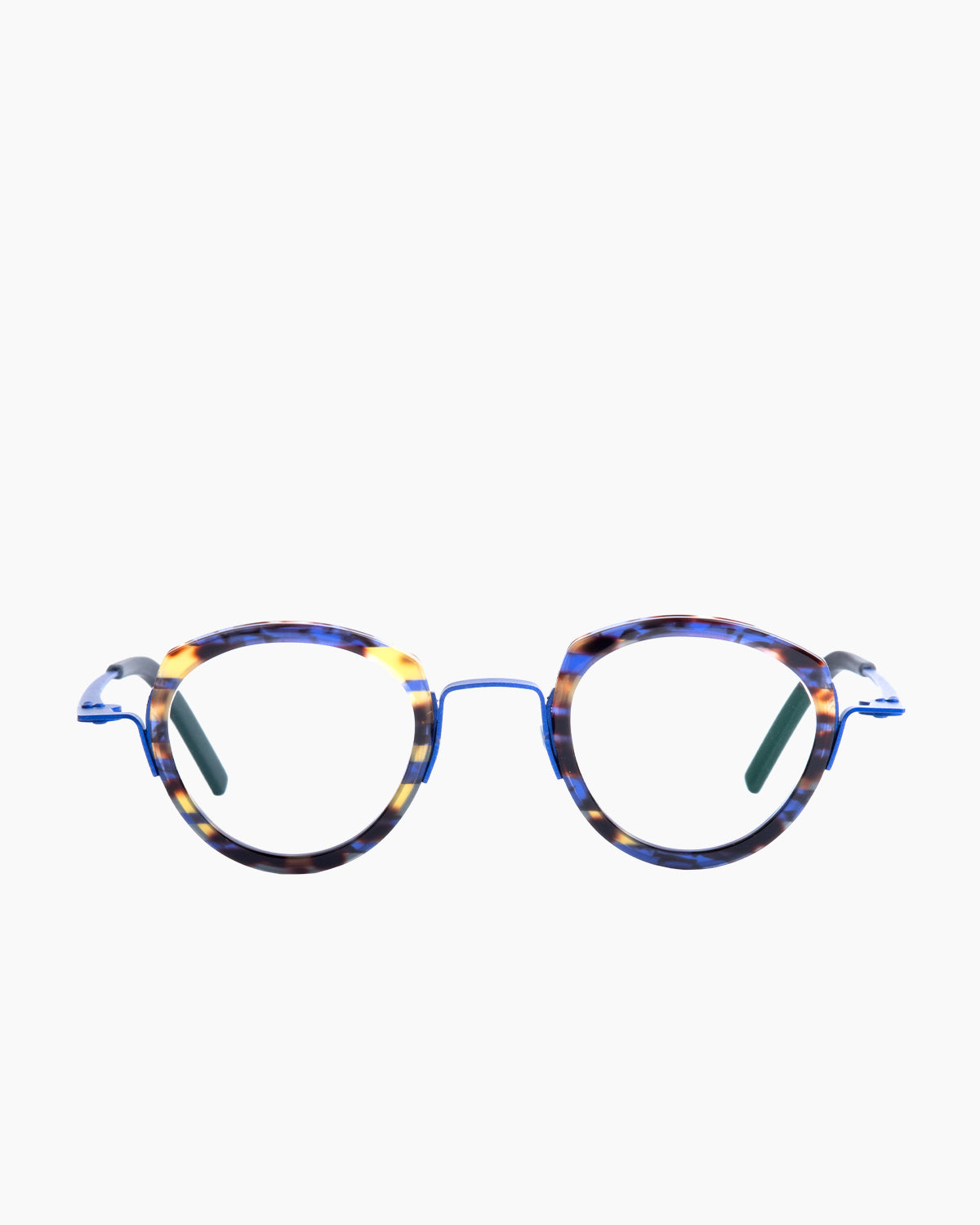 blue metal round eyeglasses by Theo model Spinach, front view, lunettes de vue rond couleur Bleu