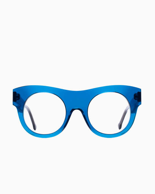 blue plastic round eyeglasses by Marie-Sophie Dion model Asselin, front view, lunettes de vue rond couleur Bleu
