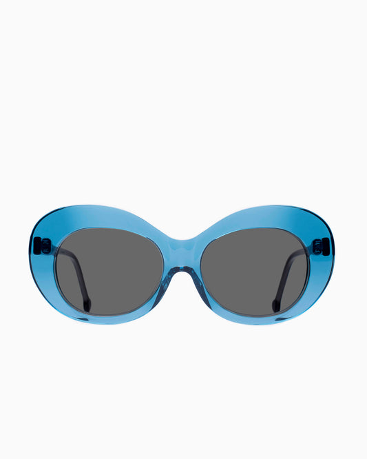 blue plastic oval sunglassesby Marie-Sophie Dion model MorinSun, front view, lunettes de vue couleur Bleu