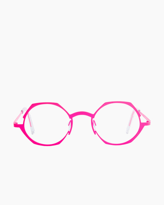 pink metal round eyeglasses by Theo model WAVE, front view, lunettes de vue rond couleur Rose
