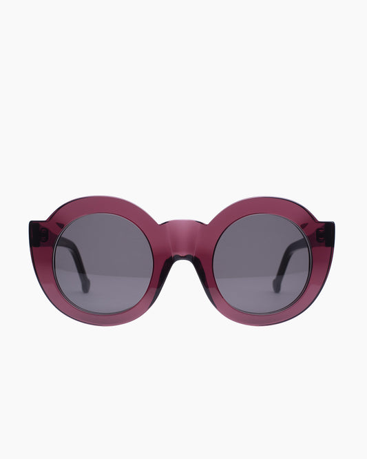 purple plastic round sunglassesby Marie-Sophie Dion model CollSun, front view, lunettes de vue rond couleur violet