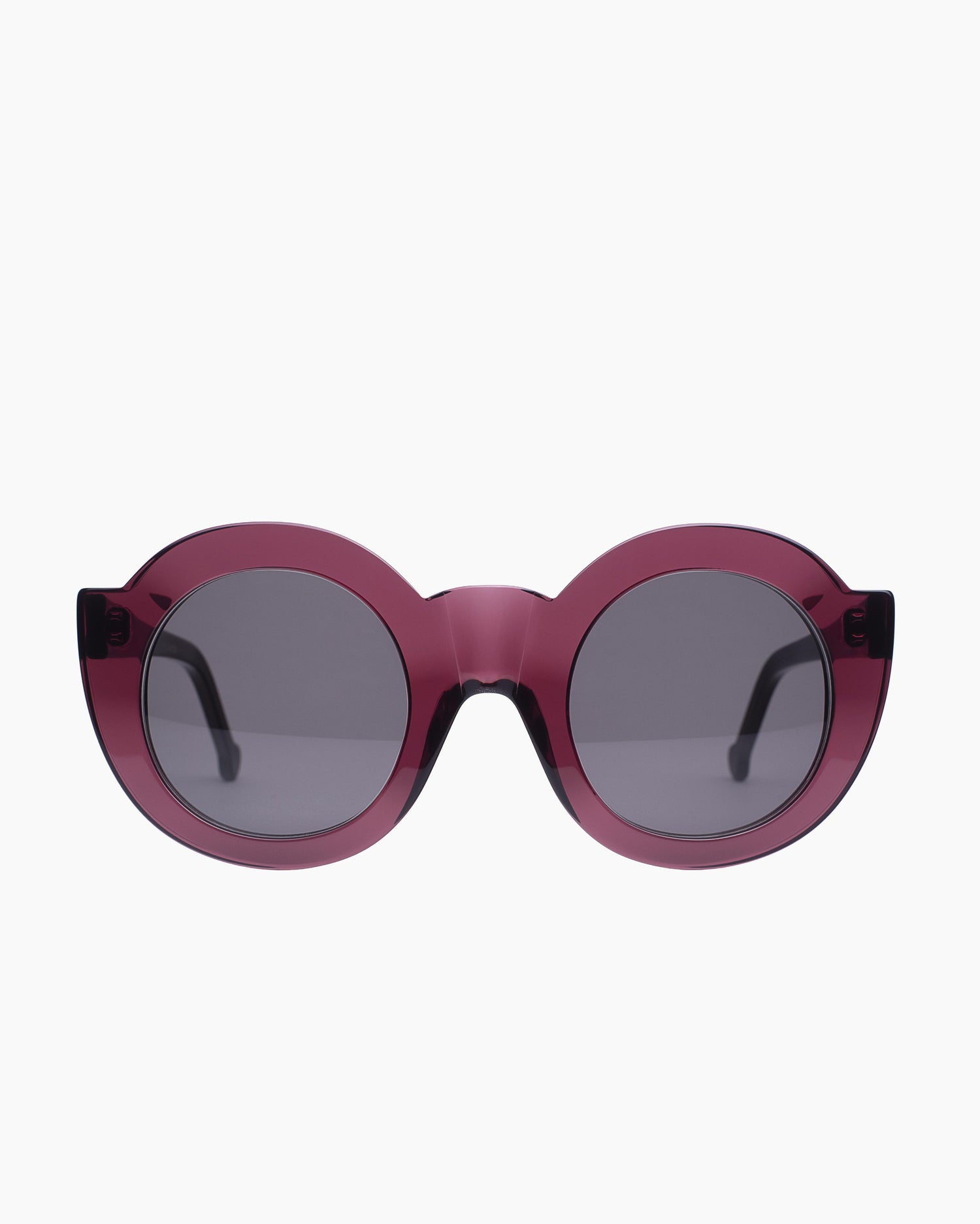 purple plastic round  sunglassesby Marie-Sophie Dion model CollSun, front view, lunettes de vue rond couleur violet