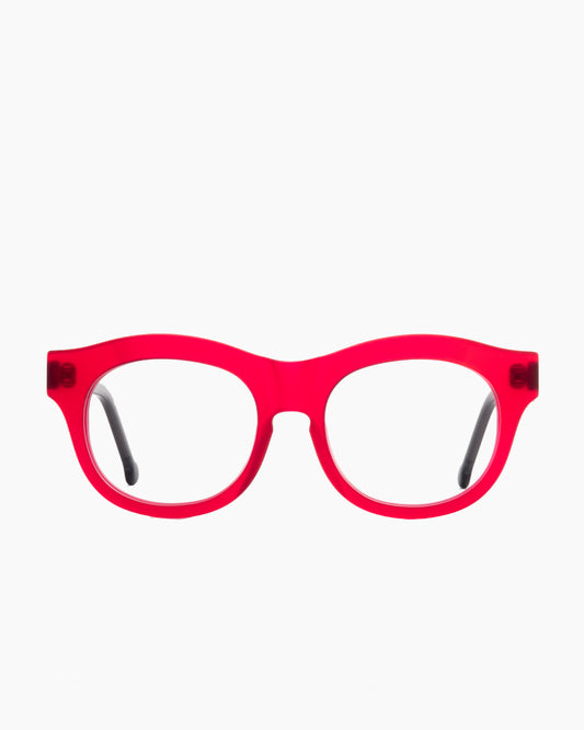 pink plastic round eyeglasses by Marie-Sophie Dion model Carette, front view, lunettes de vue rond couleur rose
