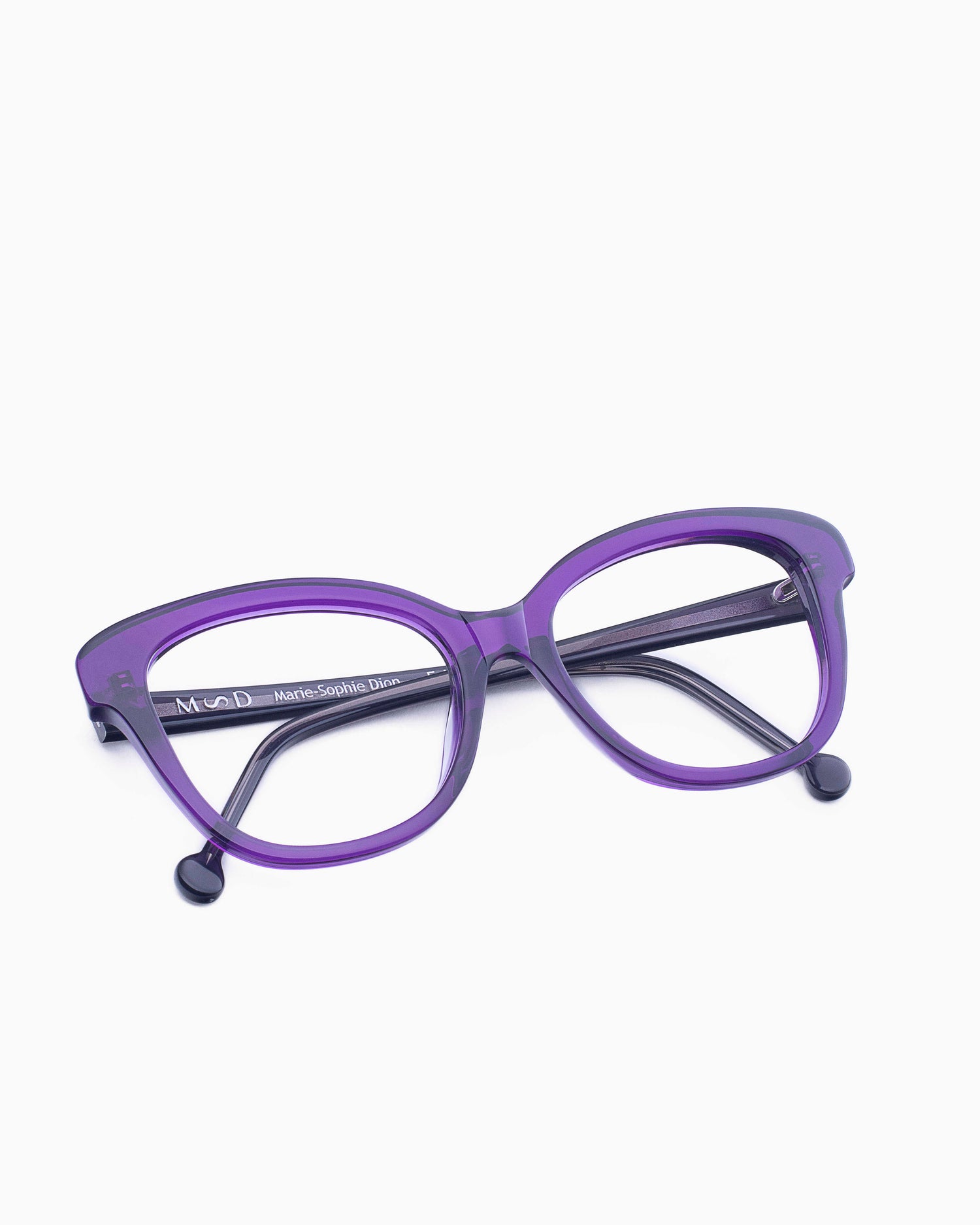 purple plastic butterfly eyeglasses by Marie-Sophie Dion model Lamy, front view, lunettes de vue papillon couleur violet