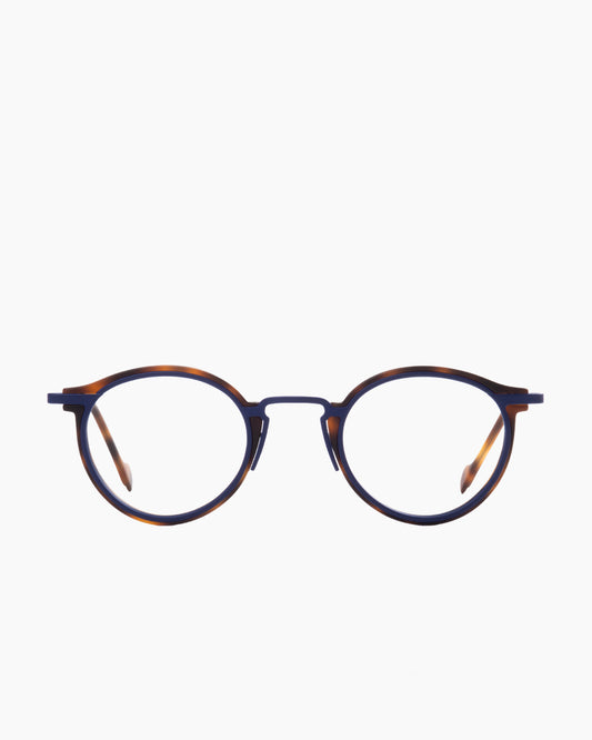 blue metal round eyeglasses by Anne et Valentin model m5, front view, lunettes de vue rond couleur bleu