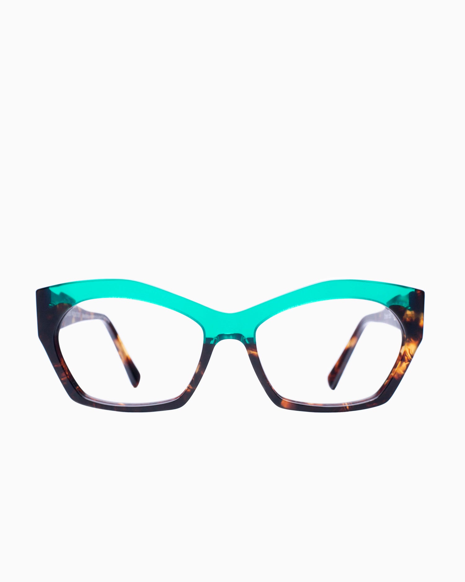 turquoise plastic butterfly eyeglasses by Traction model qhasar, front view, lunettes de vue papillon couleur turquoise