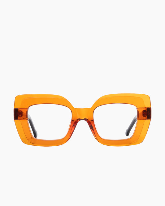orange plastic butterfly eyeglasses by Marie-Sophie Dion model Wells, front view, lunettes de vue papillon couleur orange
