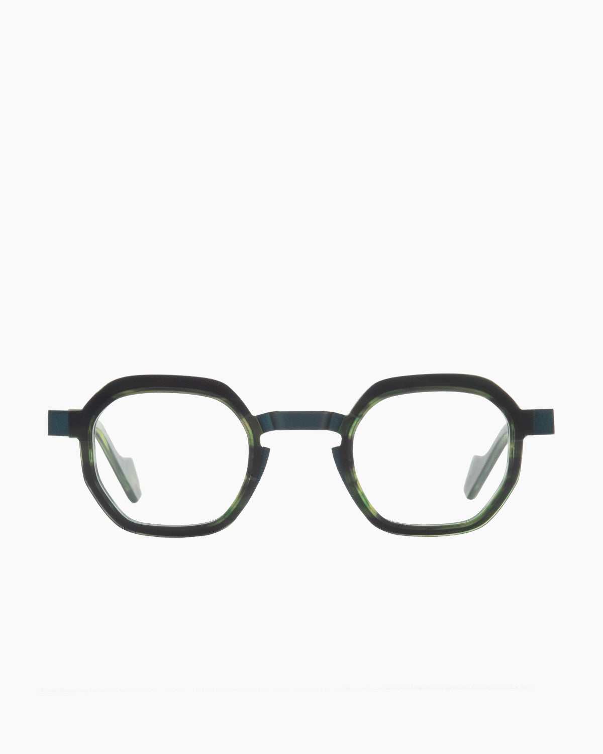 green metal hexagon eyeglasses by Anne et Valentin model ornette, front view, lunettes de vue hexagone couleur vert