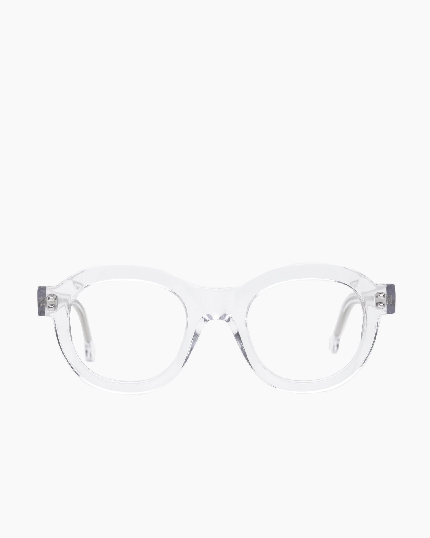 crystal plastic round eyeglasses by Marie-Sophie Dion model Claude, front view, lunettes de vue rond couleur cristal