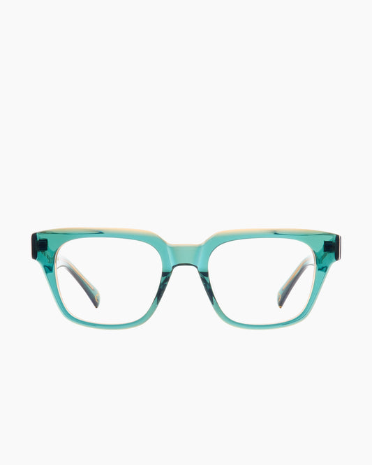 green plastic rectangle eyeglasses by Spectacleeyeworks model Lee, front view, lunettes de vue rectangle couleur vert