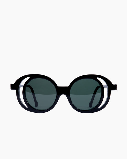 black plastic round  sunglassesby Marie-Sophie Dion model RockSun, front view, lunettes de vue rond couleur Noir