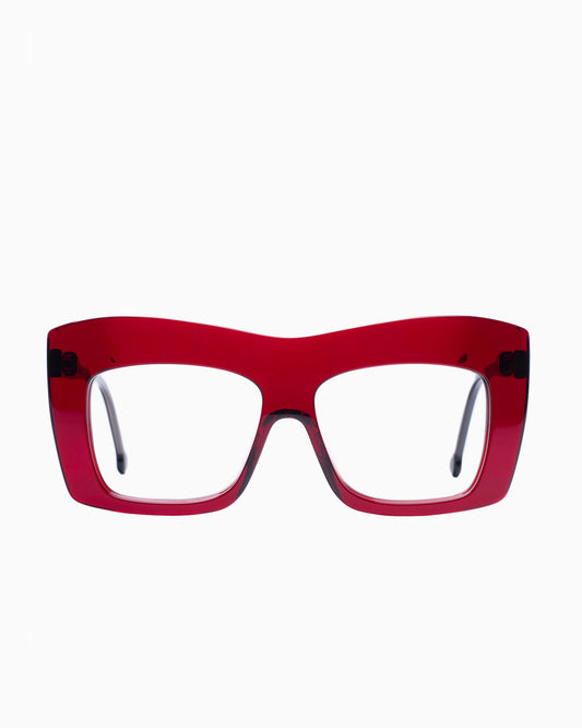 burgundy plastic rectangle eyeglasses by Marie-Sophie Dion model Arseneau, front view, lunettes de vue rectangle couleur bourgogne