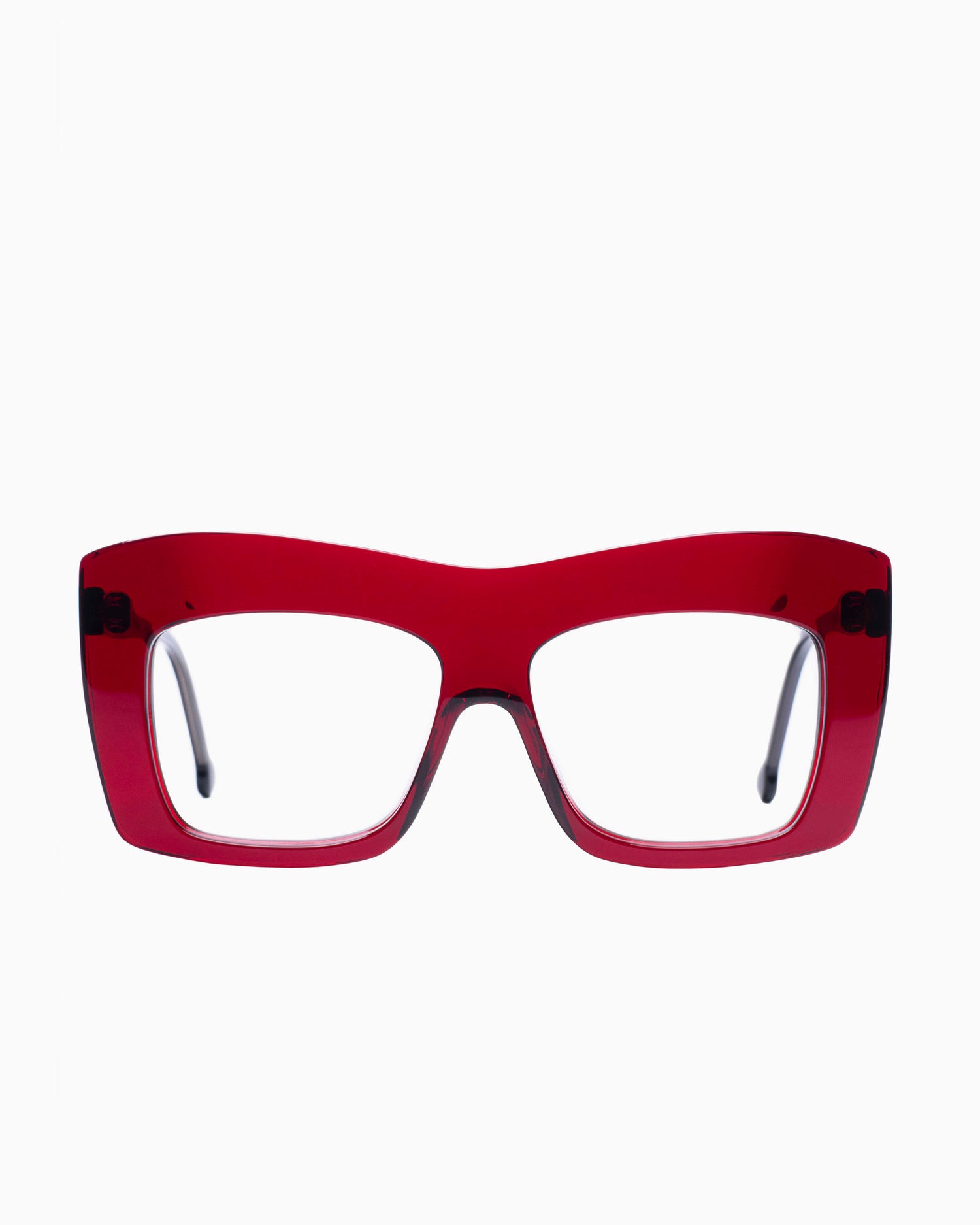 burgundy plastic rectangle eyeglasses by Marie-Sophie Dion model Arseneau, front view, lunettes de vue rectangle couleur bourgogne