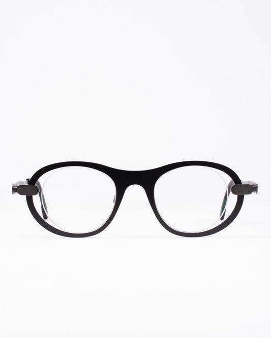 black metal oval eyeglasses by Theo model Macron, front view, lunettes de vue ovale couleur Noir