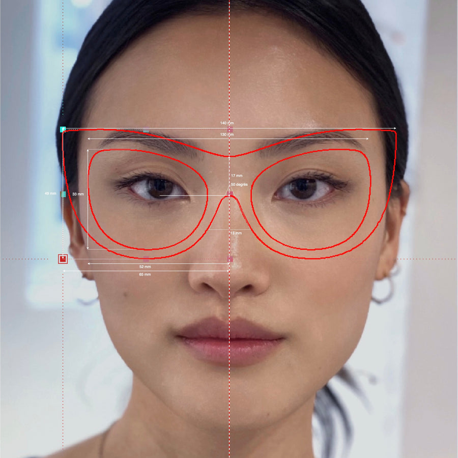 Modélisation 2D d'une monture de lunettes sur mesure superposée aux mesures du visage