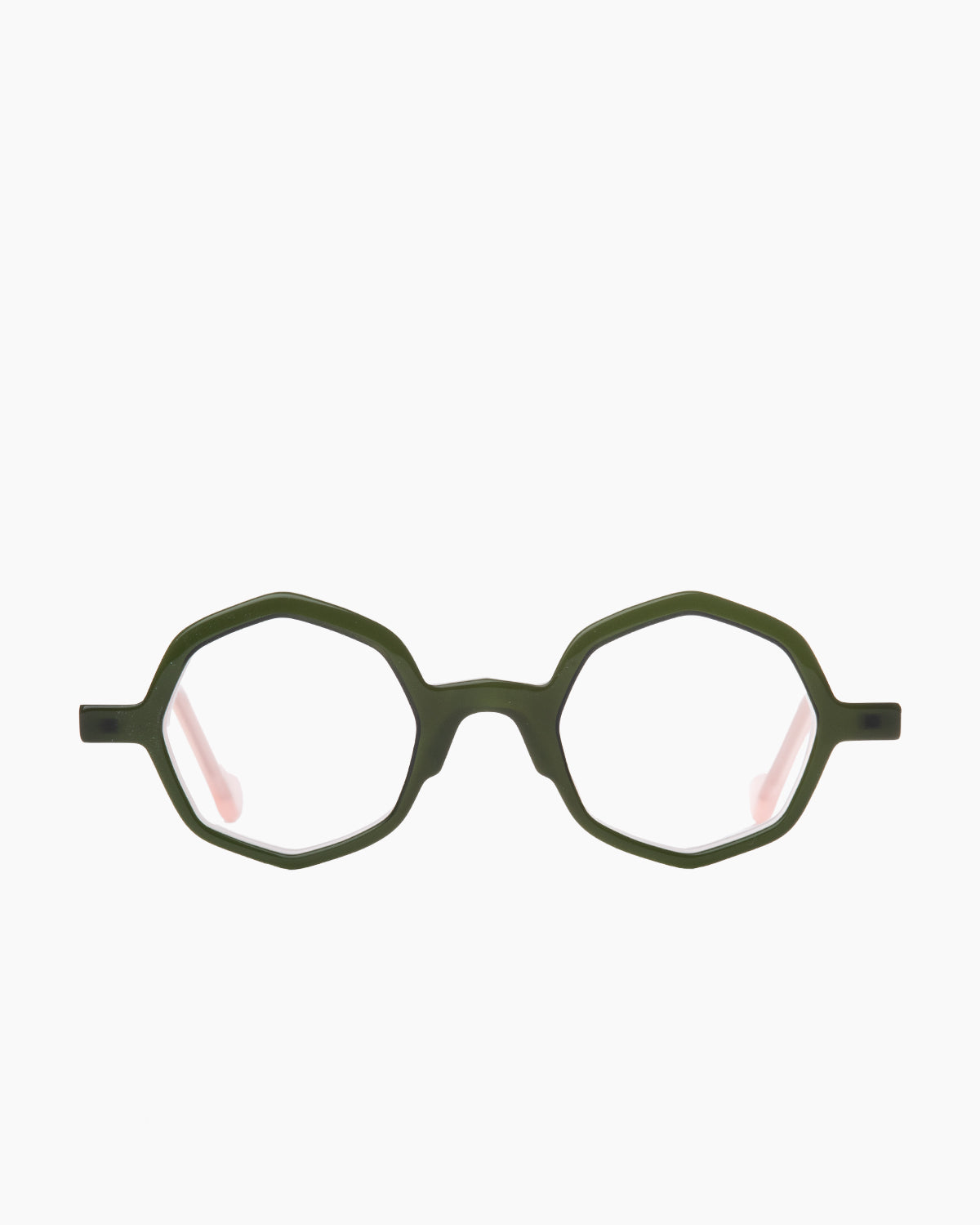 green plastic octogon eyeglasses by Anne et Valentin model Adelys, front view, lunettes de vue octogone couleur vert