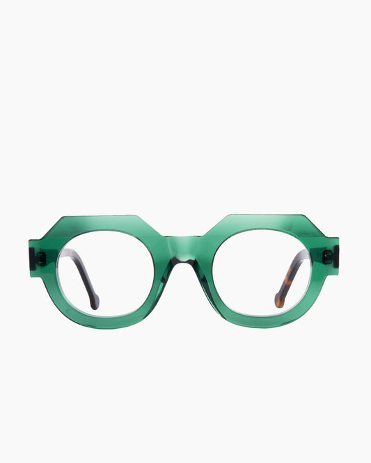 green plastic round eyeglasses by Marie-Sophie Dion model Deltell, front view, lunettes de vue rond couleur Vert