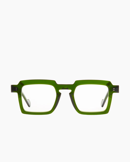 green plastic rectangle eyeglasses by Anne et Valentin model David, front view, lunettes de vue rectangle couleur vert