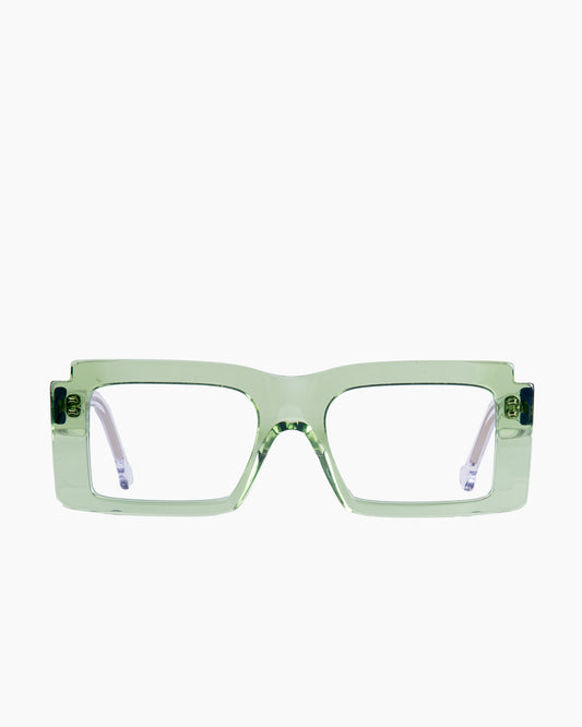 green plastic rectangle eyeglasses by Marie-Sophie Dion model Léveillé, front view, lunettes de vue rectangle couleur Vert