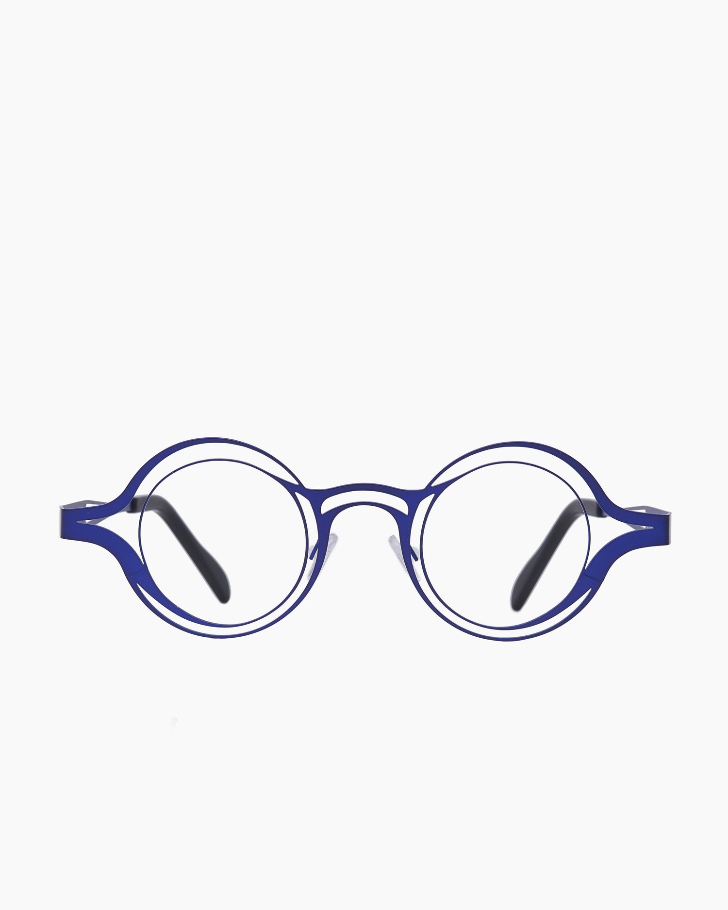 blue metal round eyeglasses by Theo model Zanzibar, front view, lunettes de vue rond couleur Bleu
