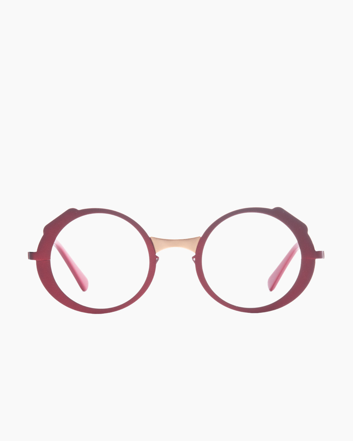 burgundy metal round eyeglasses by Gamine model Nolita, front view, lunettes de vue rond couleur bourgogne