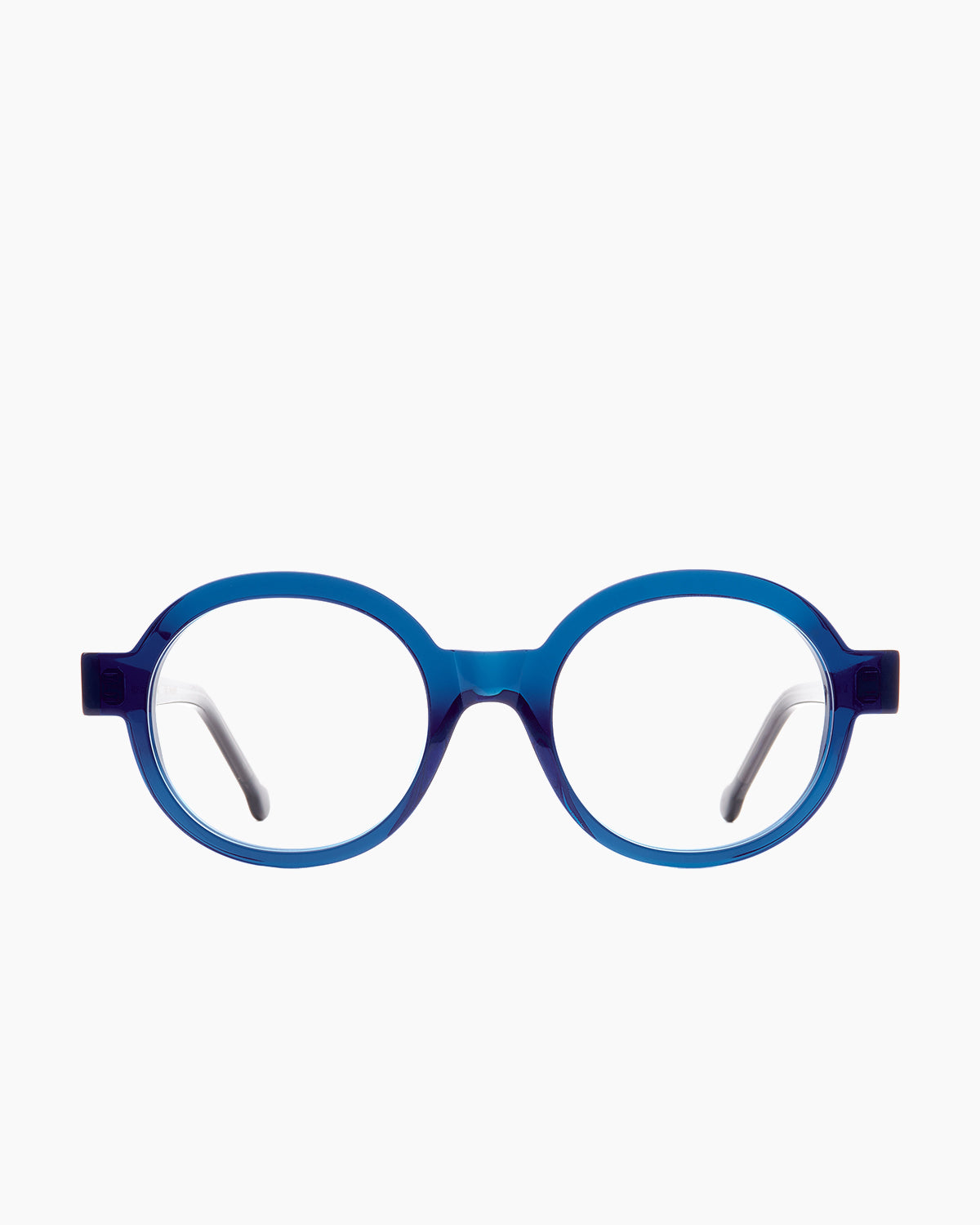 blue plastic round eyeglasses by Marie-Sophie Dion model Preston, front view, lunettes de vue rond couleur bleu