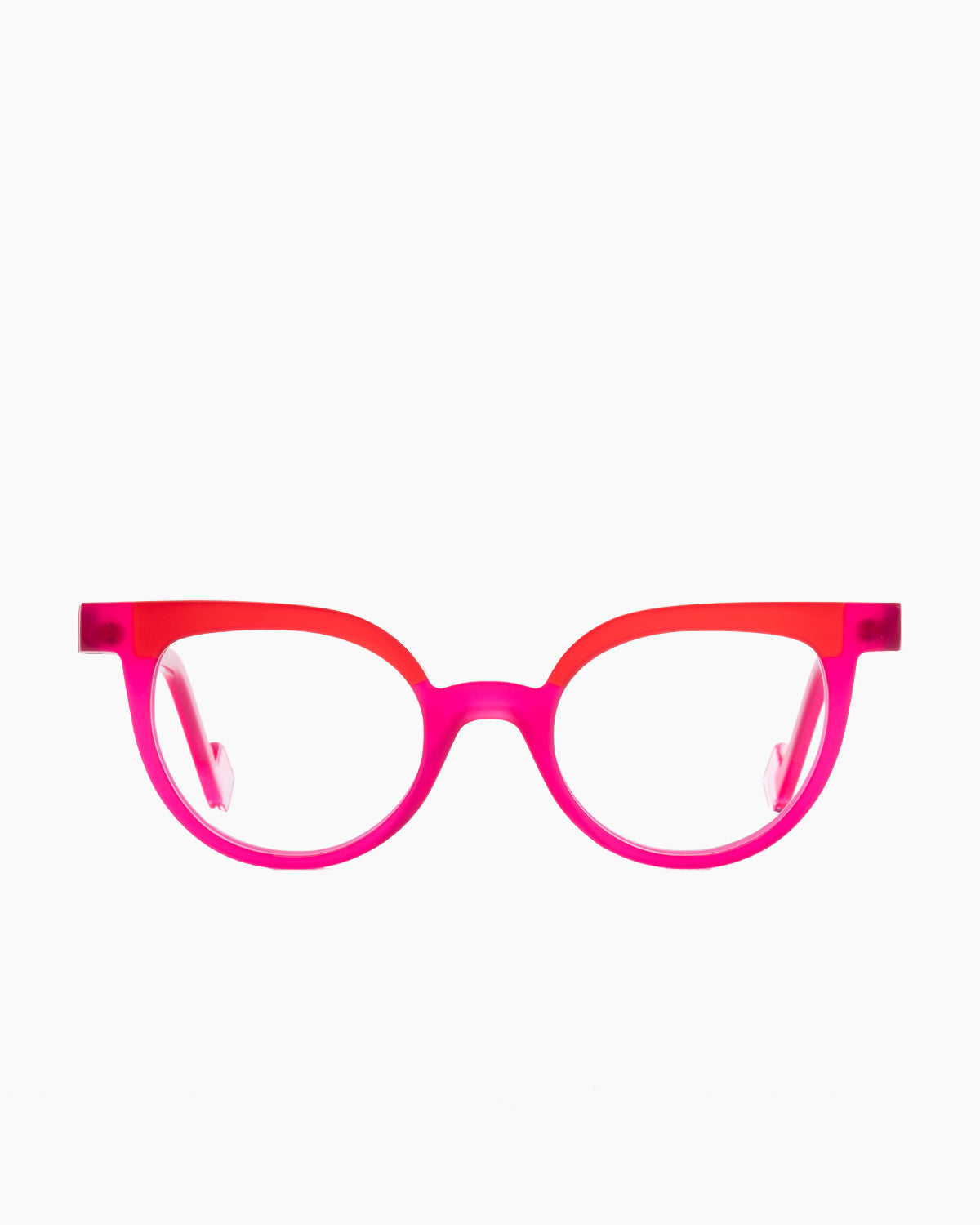 pink plastic cat eyeglasses by Anne et Valentin model LUCKY, front view, lunettes de vue chat couleur rose