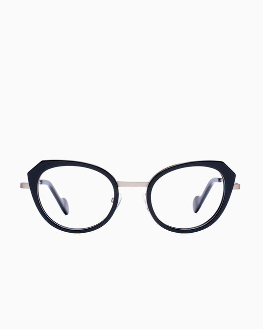 black metal cat eyeglasses by Nao Ned model ArValueg, front view, lunettes de vue chat couleur Noir