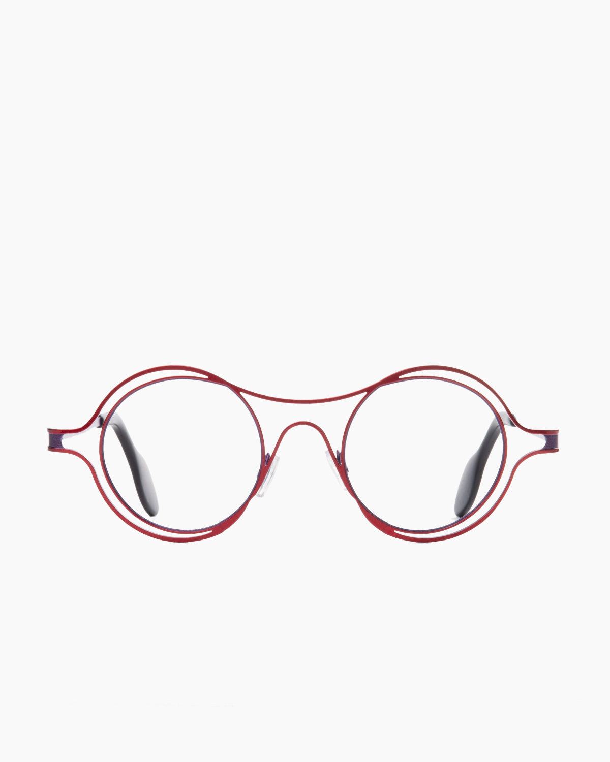 red metal round eyeglasses by Theo model MONZA, front view, lunettes de vue rond couleur Rouge