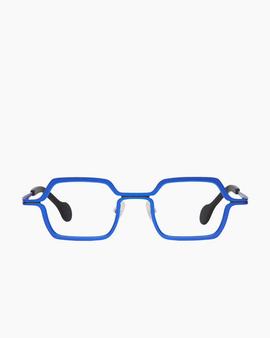 blue metal rectangle eyeglasses by Theo model line, front view, lunettes de vue rectangle couleur Bleu