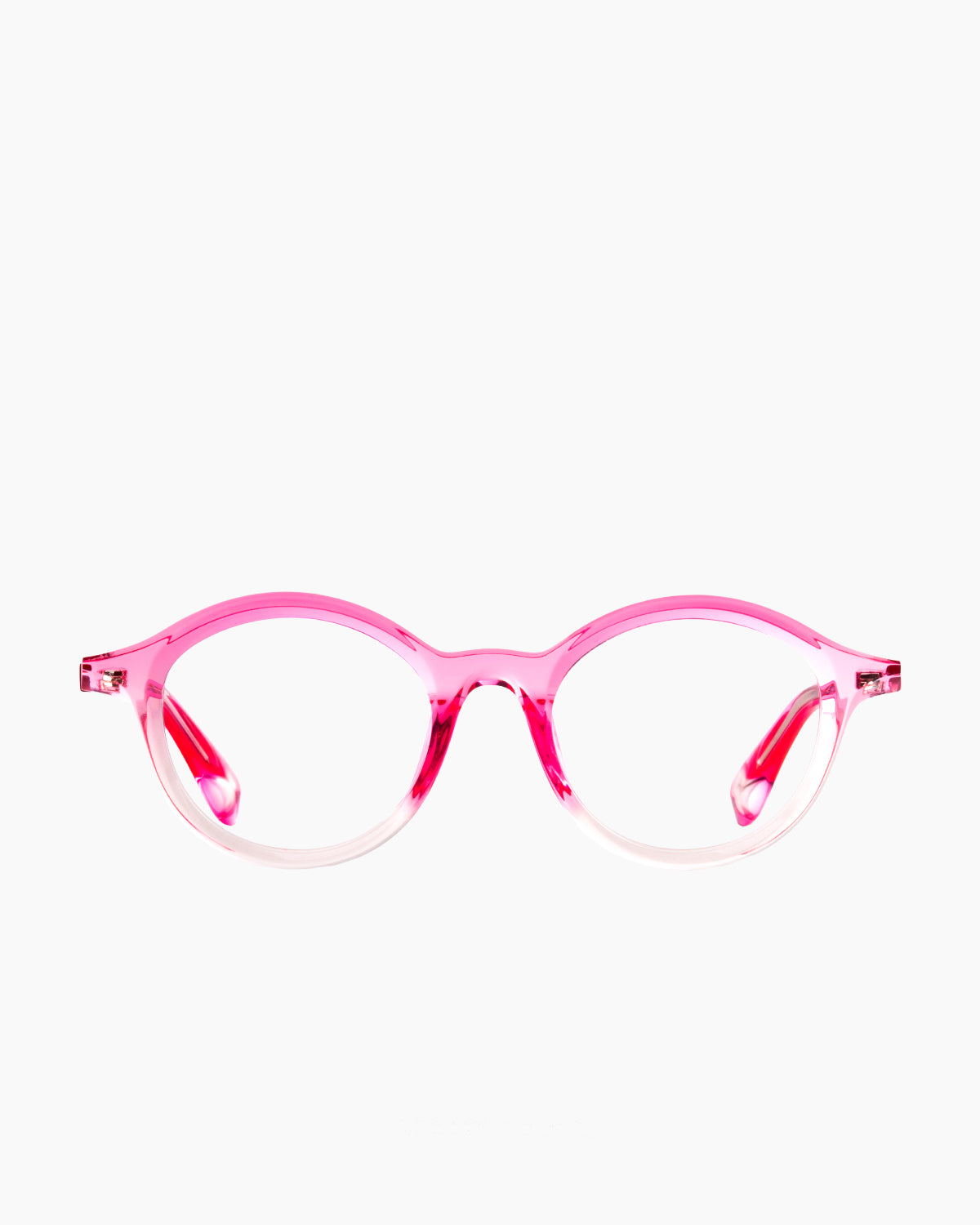 pink plastic round eyeglasses by Theo model dagBreek, front view, lunettes de vue rond couleur rose