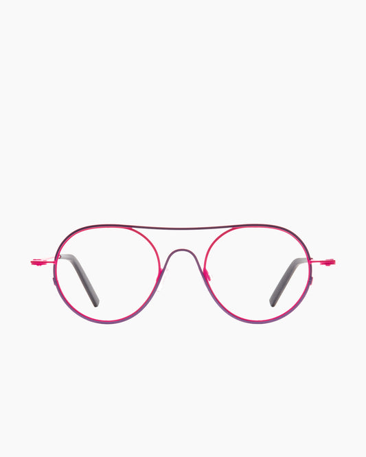 purple metal round eyeglasses by Theo model Isobar, front view, lunettes de vue rond couleur violet