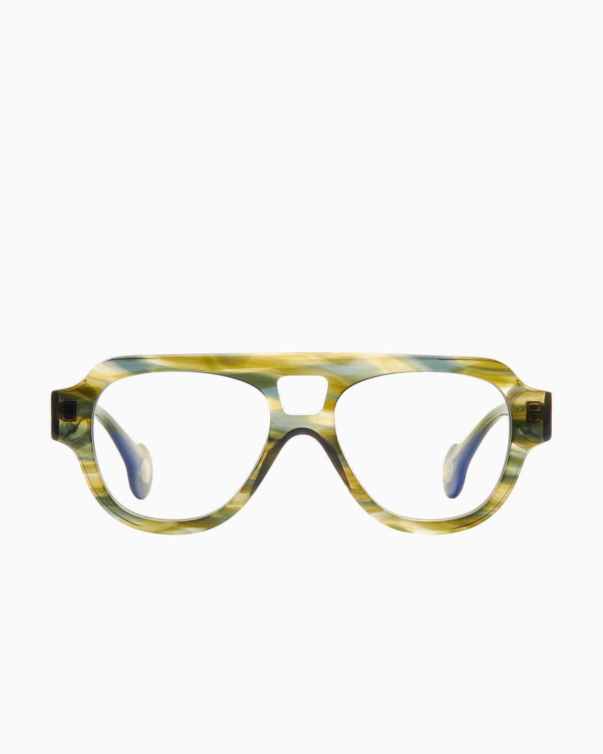 green plastic aviator  sunglassesby Spectacleeyeworks model Sage, front view, lunettes de vue aviateur couleur vert