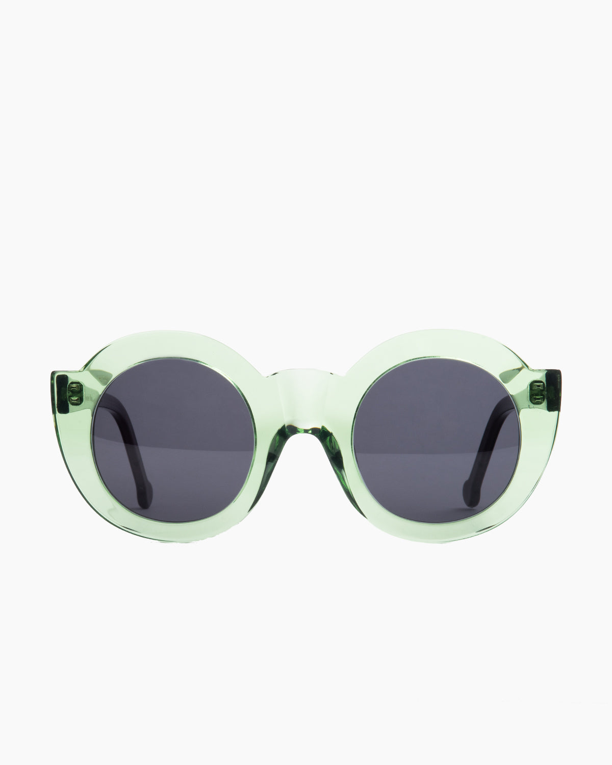 green plastic round  sunglassesby Marie-Sophie Dion model CollSun, front view, lunettes de vue rond couleur Vert