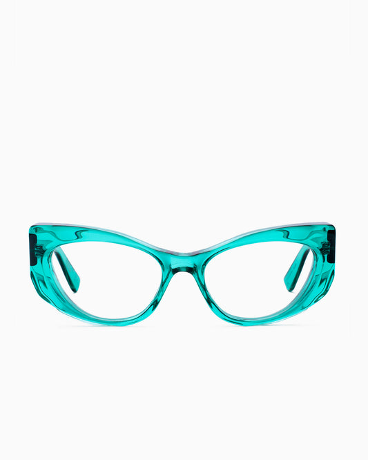 green plastic cat eyeglasses by Kirk&Kirk model Esme, front view, lunettes de vue chat couleur Vert