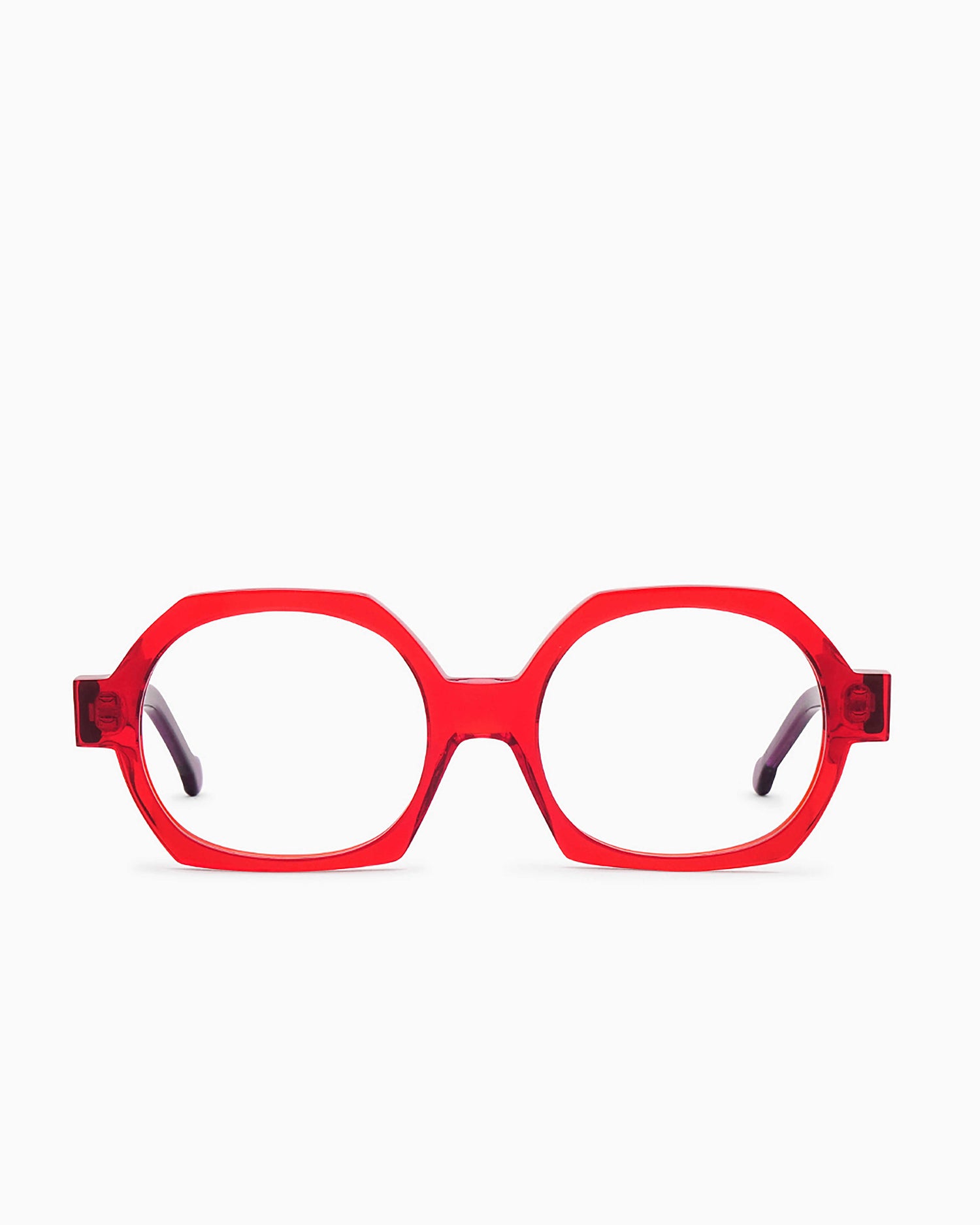 red plastic hexagon eyeglasses by Marie-Sophie Dion model Laperle.T, front view, lunettes de vue hexagone couleur Rouge