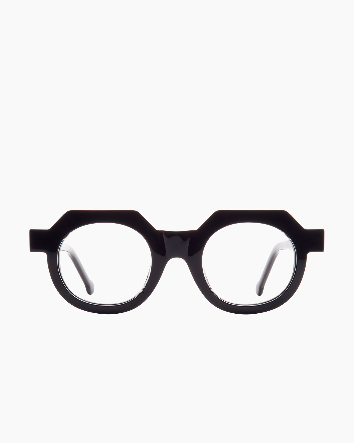 black plastic round eyeglasses by Marie-Sophie Dion model Sow, front view, lunettes de vue rond couleur noir