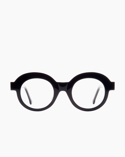 black plastic round eyeglasses by Marie-Sophie Dion model Latraverse1, front view, lunettes de vue rond couleur Noir
