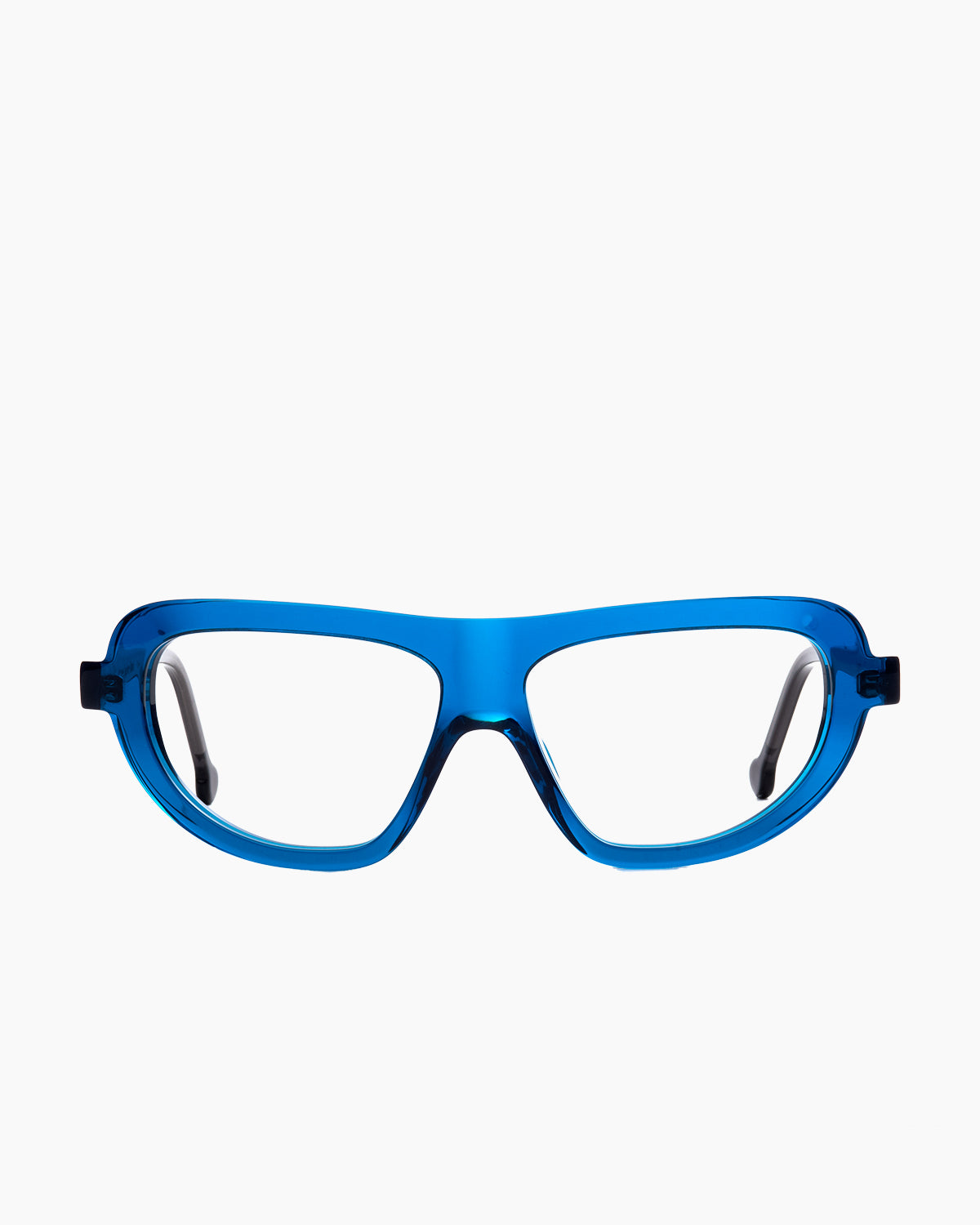 blue plastic aviator eyeglasses by Marie-Sophie Dion model Lama, front view, lunettes de vue aviateur couleur bleu
