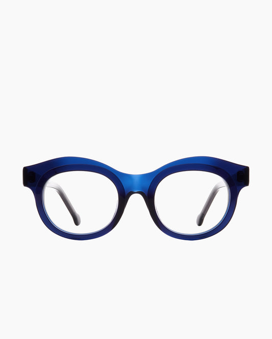 blue plastic round eyeglasses by Marie-Sophie Dion model Bibaud, front view, lunettes de vue rond couleur Bleu