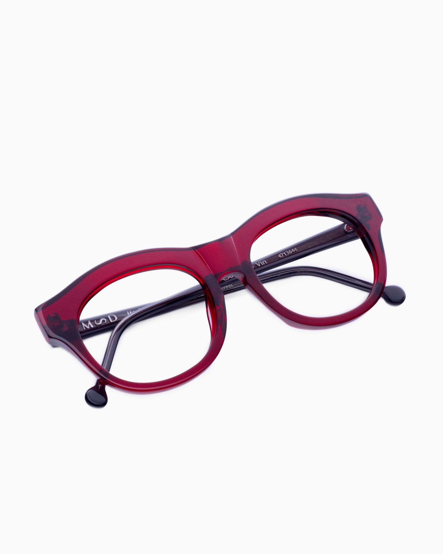 burgundy plastic round eyeglasses by Marie-Sophie Dion model Carette, front view, lunettes de vue rond couleur bourgogne