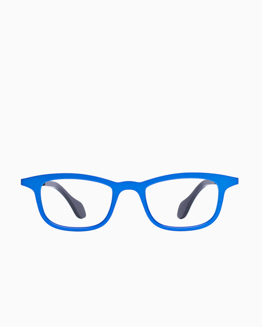 blue metal rectangle eyeglasses by Theo model Mille+22, front view, lunettes de vue rectangle couleur Bleu