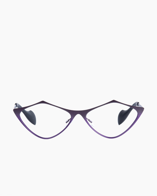purple metal triangle eyeglasses by Theo model TOTTORI, front view, lunettes de vue couleur violet