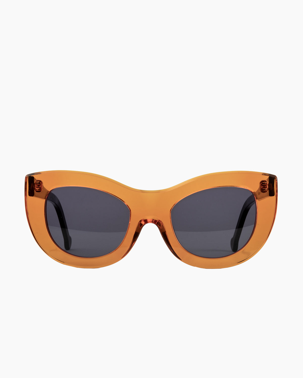 orange plastic cat  sunglassesby Marie-Sophie Dion model YounanSun, front view, lunettes de vue chat couleur Orange